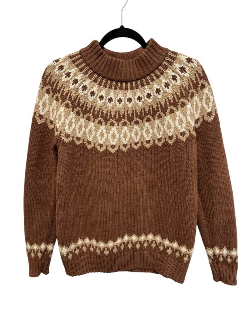 Lands’ End Lighthouse Fair Isle wool blend brown tan white sweater Size M